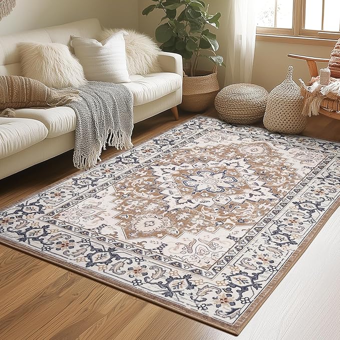 Lessymo 3 x 5 Area Rugs for Living Room- Machine Washable Area Rugs Boho Faux Wool Low Pile Area Rug for Bedroom Floral Medallion Vintage Rugs with Non-Slip Rubber, Kid & Pet Friendly,Brown Beige