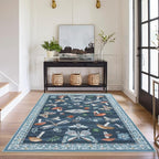 Washable Rug 5x7 Area Rugs for Living Room, Mushroom Insect Rug for Bedroom, 5x7 Rug Non Slip Throw Rugs with Rubber Back, Low Pile Stain Resistant Modern Carpet for Dining Room Dorm,Blue