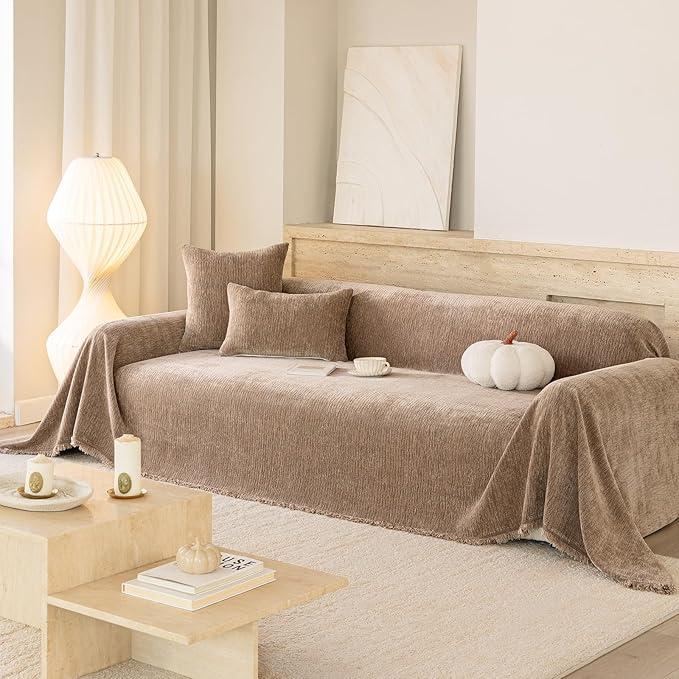 ROOMLIFE Sofa Cover, Boho Couch Cover for 3 Cushion Sofa, Non Slip Chenille Sofa Slipcovers for Dog, Washable Furniture Sofa Protector Cover with Tassel for Living Room, 71''X150”
