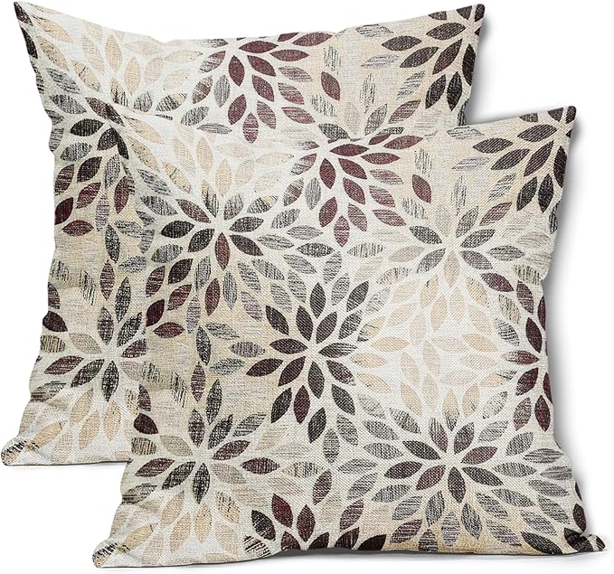 Burgundy Red Dahlia Throw Pillow Covers 24x24 Inch Rustic Rust Geometric Flower Decorative Square Pillow Cases Beige Tan Gray Floral Cushion Covers Farmhouse Home Decor For Sofa Couch Outdoor Set of 2