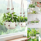 35 Inch Macrame Plant Hanger, Hanging Planter Basket with Wood Beads, Decorative Flower Pot Holder for Indoor Outdoor Boho Home Decor, Set of 2 (Ivory)