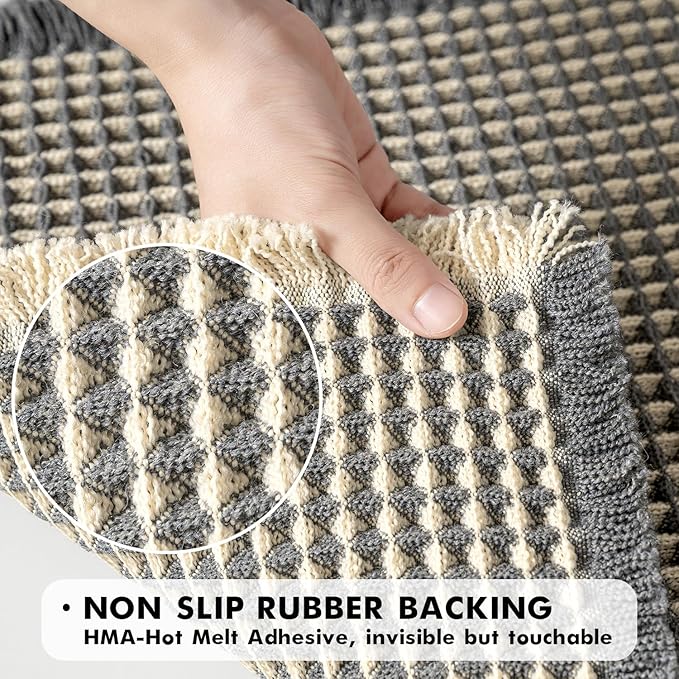 MIULEE Set of 2 Waffle Bathroom Runner Rugs, Boho Bath Rug Non Slip Washable, Super Absorbent Runner Bath Mats, Rubber Backed, Ideal for Hallway Laundry Room, Dark Grey & Yellow, 2'x5'(24x60 Inch)