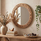 24 Inch Round Rattan Wicker Mirror, Rustic Boho & Farmhouse Style Handmade Woven Frame, Decorative Wall Mirror for Bathroom, Living Room, Bedroom, Entryway, Nursery Decor