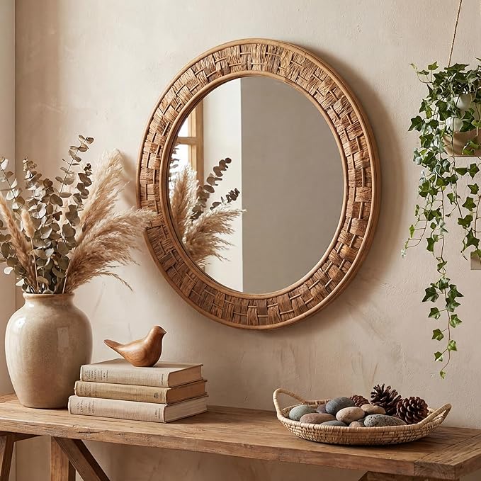 24 Inch Round Rattan Wicker Mirror, Rustic Boho & Farmhouse Style Handmade Woven Frame, Decorative Wall Mirror for Bathroom, Living Room, Bedroom, Entryway, Nursery Decor