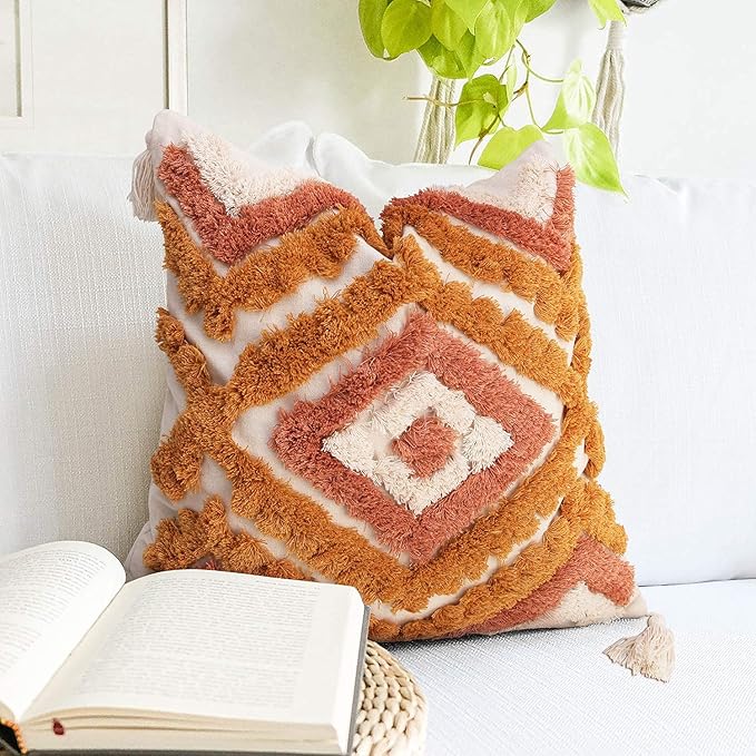 Merrycolor Boho Throw Pillow Covers 18x18 with Tassels, Decorative Pillow Covers Woven Tufted Bohemian Pillow Covers for Couch Sofa Bedroom Living Room (Orange)