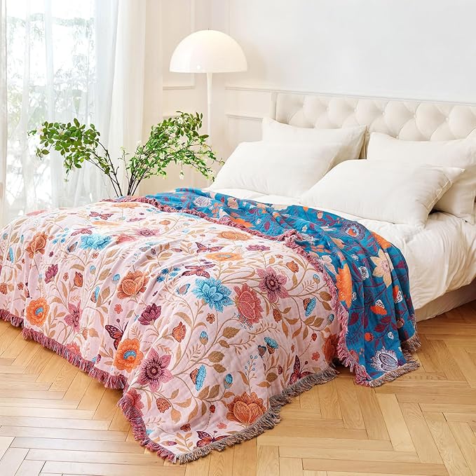 Boho Throw Blanket - 100% Cotton Ultra Soft Muslin Blanket, 50"x60" Lightweight Floral Butterfly Framhouse Bedding Spring Blanket for Bed, All Season Beige Bohemian Bedroom Home Decor Quilt