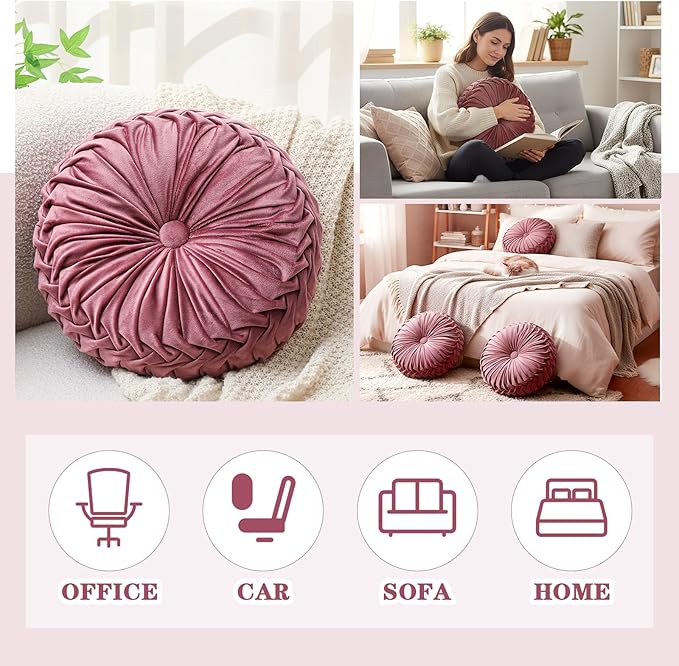 Round Throw Pillows Decorative Pleated Throw Pillows 15'' Diameter Accent Pumpkin Boho Chair Cushion for Couch Sofa Home Decoration(Dusty Rose,1 Pcs)