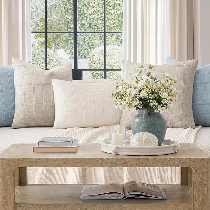 Foindtower Set of 2 Decorative Linen Check Throw Pillow Covers Neutral Farmhouse Vintage Cushion Covers Modern Coastal Boho Home Decor for Sofa Chair Couch Bedroom Living Room,20×20 Inch,Light Grey
