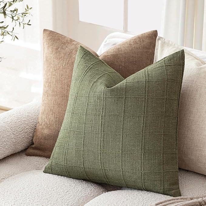 Foindtower Set of 2 Decorative Linen Check Throw Pillow Covers Neutral Farmhouse Vintage Cushion Covers Modern Boho Home Decor for Sofa Chair Couch Bedroom Living Room,20×20 Inch,Sage Green
