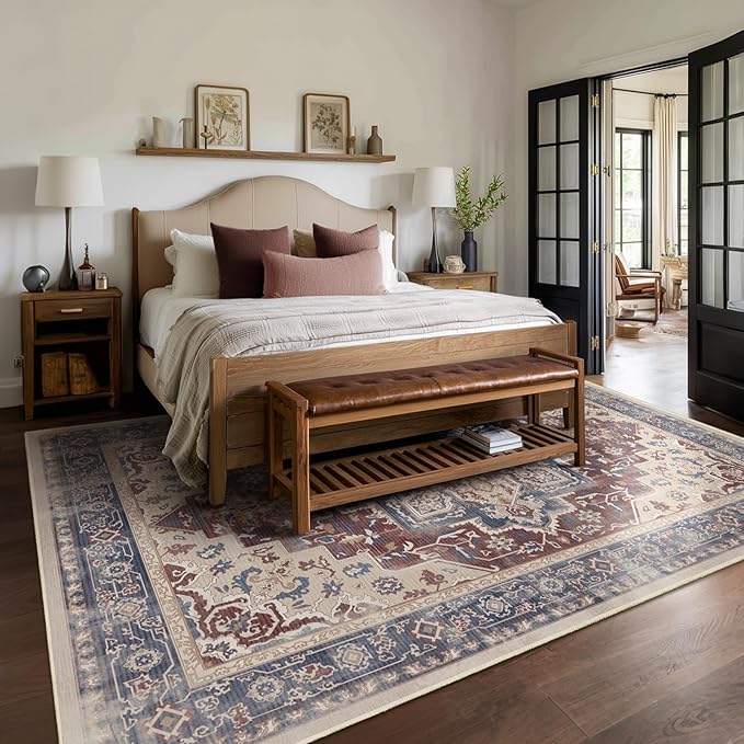 8x10 Maroon Blue Rugs for Living Room, Transitional Medallion Washable Large Rug for Bedroom Under Bed, Modern Vintage Distressed Low Pile Thin Soft Carpet Rugs for Dining Room Office