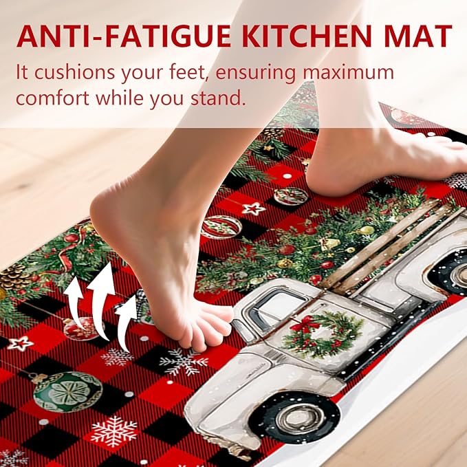 Christmas Rugs for Kitchen Floor, Red Buffalo Plaid Christmas Truck Mats for Kitchen Floor Rubber Non Slip, 2PCS Farmhouse XmasTree Kitchen Mat Cushioned for Room Doorway 15.7"×27.5" +15.7"×47"