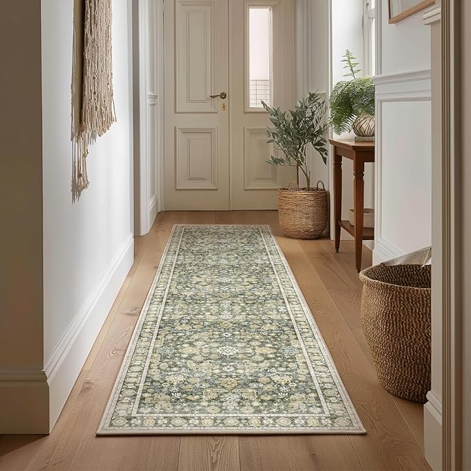 2'x6' Washable Runner Rug Utral Soft Lightweight Vintage Boho Distressed Non-Slip Backing,Low Pile Stain Resistant Farmhouse Rug for High-Traffic Hallway, Kitchen & Laundry