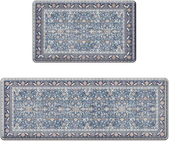 Arttown Kitchen Mats for Floor 2Pcs-Anti Fatigue Non Slip Mats for Kitchen Floor, Cushioned Waterproof & Stain-Resistant Boho Stripe Mat Set, Laundry Room, Office, Sink, Desk (Blue)