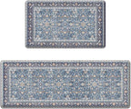 Arttown Kitchen Mats for Floor 2Pcs-Anti Fatigue Non Slip Mats for Kitchen Floor, Cushioned Waterproof & Stain-Resistant Boho Stripe Mat Set, Laundry Room, Office, Sink, Desk (Blue)