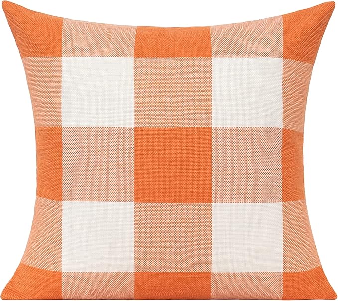 VAKADO Fall Outdoor Decor Throw Pillow Covers 18x18 Set of 2 Orange Buffalo Plaid Thanksgiving Front Porch Farmhouse Rustic Cushion Autumn Home Decorations for Couch Sofa Living Room
