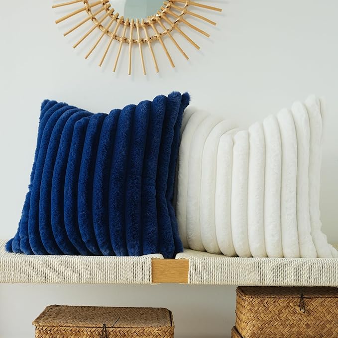JOJUSIS Pack of 2 Faux Fur Plush Decorative Throw Pillow Covers Couch Cushion Case Soft Pillowcases (Navy Blue, 20 x 20-Inch)