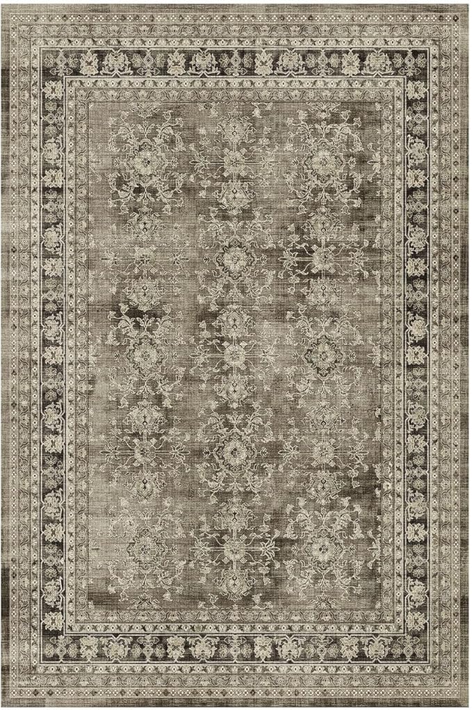 Lessymo Small Area Rugs 2x3 ft, Vintage Brown Machine Washable Rug for Entryway Kitchen Bathroom, Non Slip Low Pile Indoor Door Mat, Distressed Boho Floral Accent Carpet