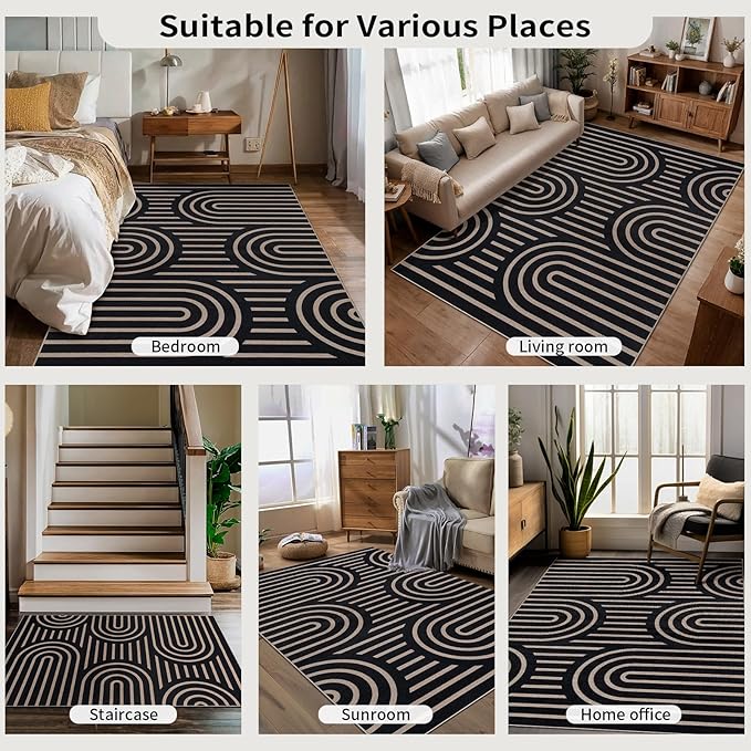 Tangsoo Modern Easy Jute Rug 5x7 Large Washable Area Rugs for Dining Room Table,Non-Slip Thin Black Indoor Outdoor Rug,Farmhouse Natural Throw Mat for Living Room Backyard Patio Office Home Decor