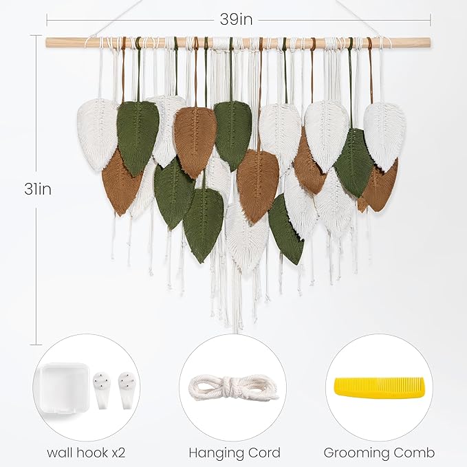 NYEONHRT Large Macrame Wall Hanging Handmade Boho Leaf and Feather Tapestry for Modern Home Decor Perfect Wall Art for Living Room Bedroom Nursery Apartment Backdrop 39x31 Inch (Brown green)
