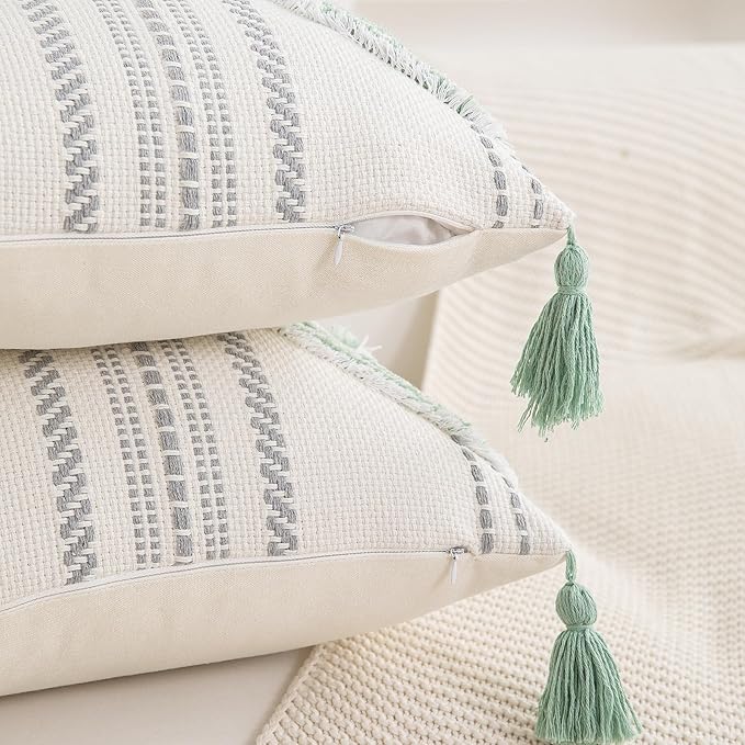 Boho Throw Pillow Covers 18x18 Set of 2 Cotton Woven Tufted Farmhouse Pillows Covers with Tassels Outdoor Neutral Green Decorative Pillowcases Square Textured Accent Cushion Cases for Couch Bed Sofa
