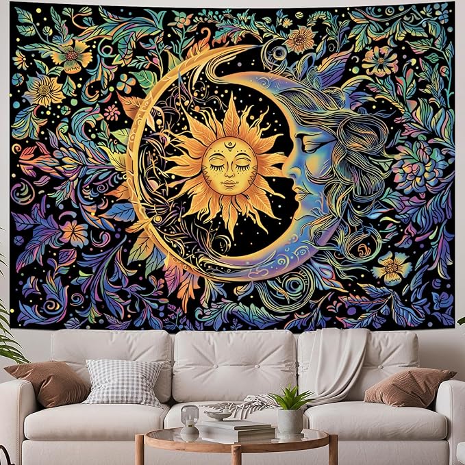 Sun and Moon Tapestry Psychedelic Mystic Floral Tapestry Hippie Boho Flower Plants Wall Tapestries Vintage Aesthetic Tapestries Wall Hanging for Bedroom