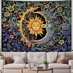 Sun and Moon Tapestry Psychedelic Mystic Floral Tapestry Hippie Boho Flower Plants Wall Tapestries Vintage Aesthetic Tapestries Wall Hanging for Bedroom