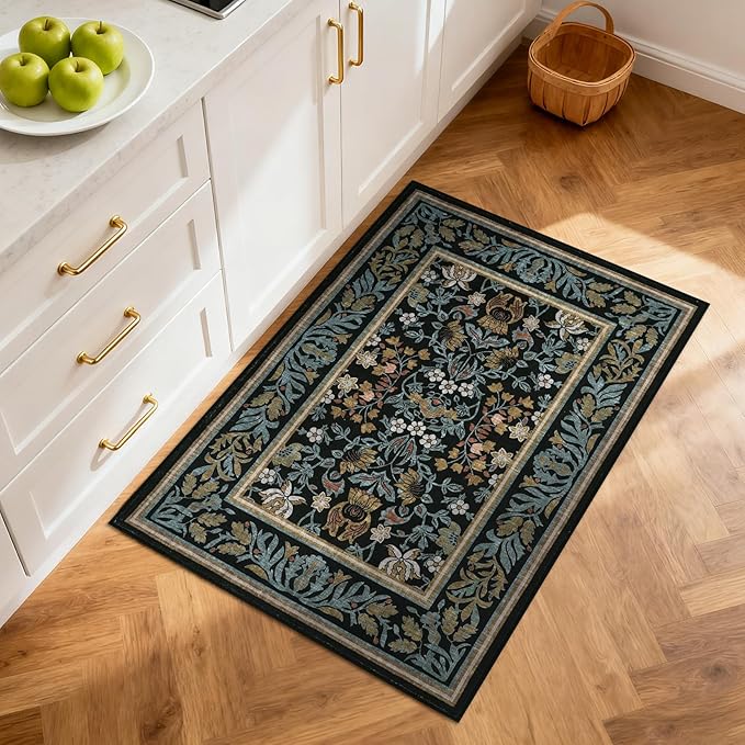 GarveeHome 2x3 Entryway Area Rug Boho Vintage Rugs Non Slip Front Door Rug, Washable Indoor Kitchen Rugs Soft Low-Pile Stain Resistance Small Door Mat for Bedroom Blue Black