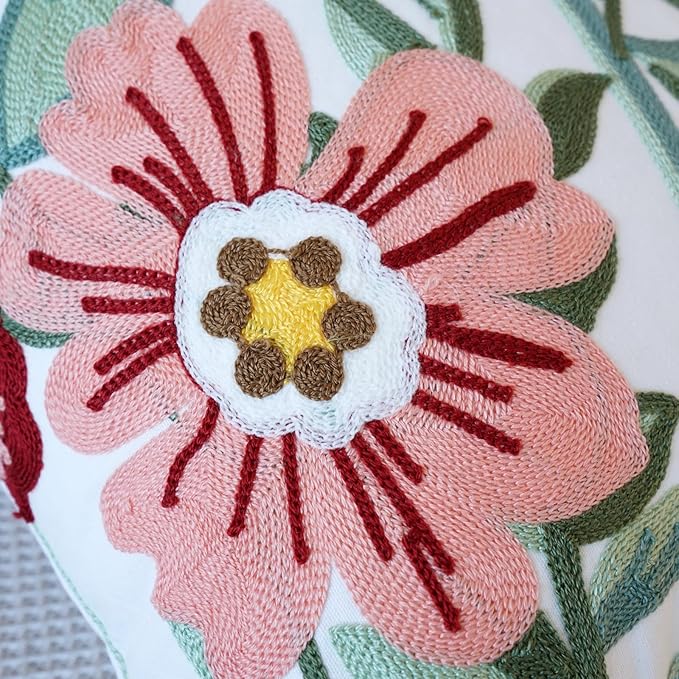 vctops Floral Embroidered Pillow Covers 18x18 Inch Spring Summer Cotton Tufted Throw Pillow Cover Outdoor Garden Cushion Case for Sofa, Bed, Living Room (Flower D,18"x18")