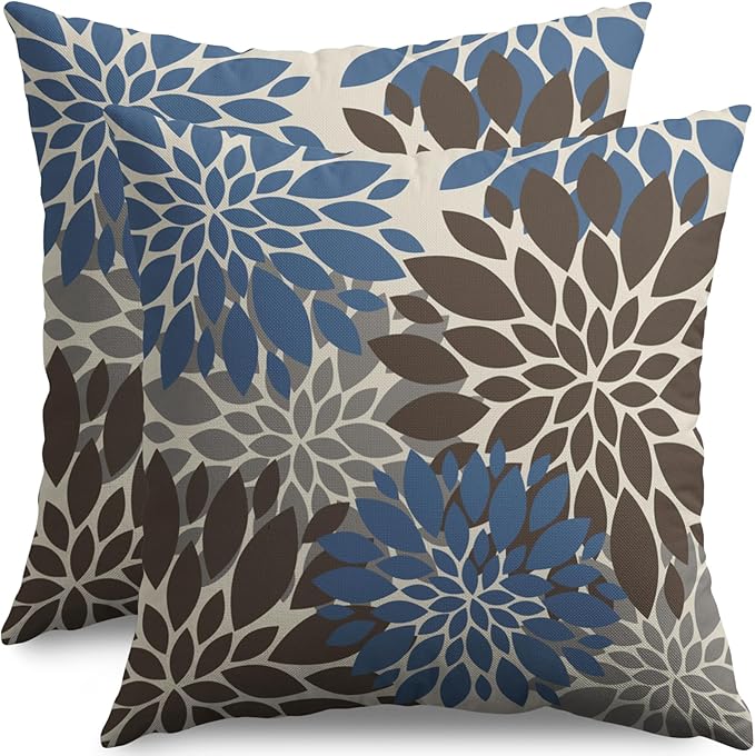 Dark Brown Blue Pillow Covers 16X16 Inch Set of 2, Spring Summer Floral Dahlia Flower Cream Decorative Throw Pillow Covers Outdoor Modern Farmhouse Cushion Case for Home Couch Sofa Bed Decor