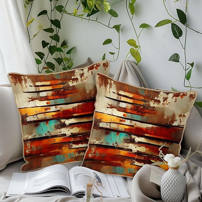 Burnt Orange Teal Rust Soft Velvet Throw Pillow Covers Set of 2 Abstract Vintage Metalic Copper Pillow Covers 18x18 Inch Retro Colorful Pillow Case For Sofa Couch Living Room Farmhouse Home Decor
