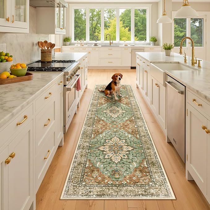Area Rugs 2'6''x8' Runner Rug Non Slip Washable for Kitchen Hallway Bedroom Beside Laundry Room Bathroom Rug, Floor Carpet, Brick Red Rust Neutral Brown Burnt Orange Green