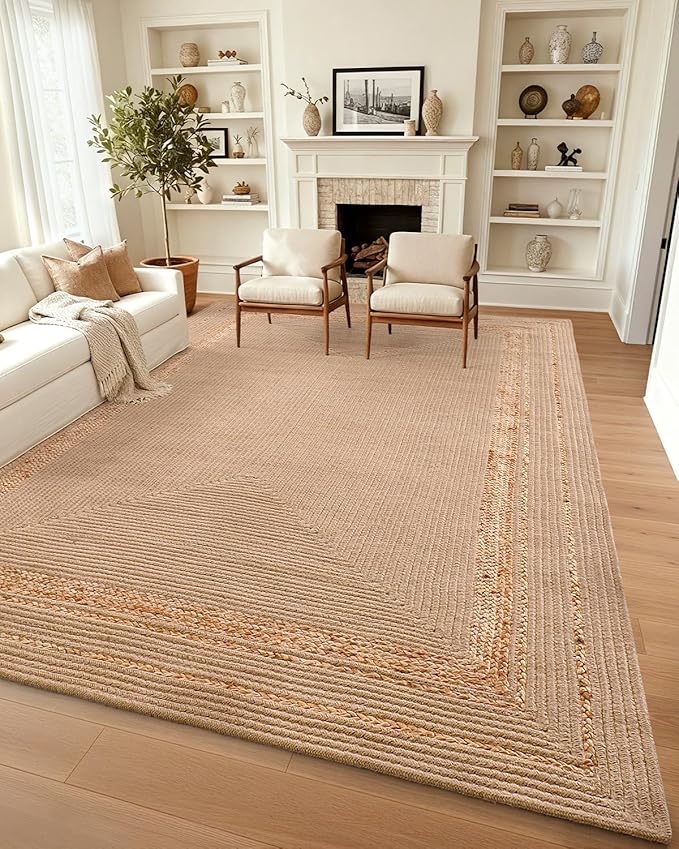DEXI Jute Rug Natural Fiber 8x10, Braided Woven Area Rugs No Shed, Large Soft Neutral Rustic Carpet Mat for Indoor Entryway Outdoor Patio Dining Living Room Bedroom Farmhouse, Beige/Natural