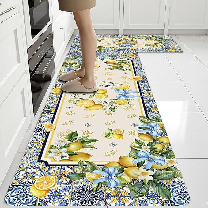 Rugs for Kitchen Floor, Lemon Anti Fatigue Mats for Kitchen Floor Non Slip, 2PCS Wipeable Rubber Kitchen Mat, Washable Cushioned Lemons Runner Carpet Rug for Sink Laundry 15.7"×27.5" +15.7"×47"