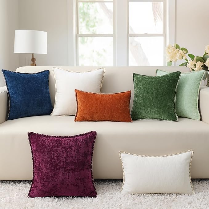 decorUhome Chenille Soft Cozy Throw Pillow Covers 22x22 Set of 2, Modern Farmhouse Boho Velvet Decorative Euro Sham Pillow Cases with Stitched Edge for Couch Sofa Bed Home Decor, Poseidon