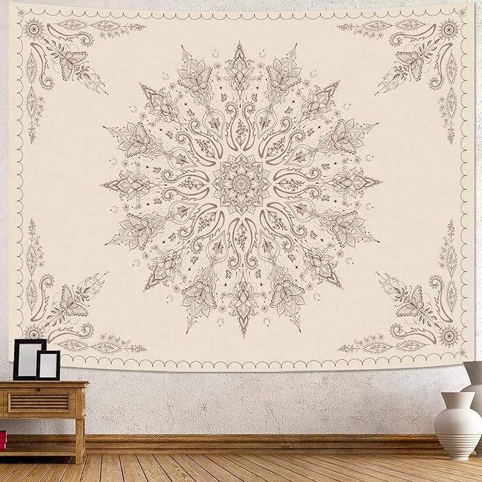 Accnicc Boho Floral Mandala Tapestry for Bedroom Bohemian Butterfly Flower Tapestry Aesthetic Wall Art Large Beige Hippie Indian Tapestries Wall Hanging for Living Room Dorm Decor 80 x 60 Inch