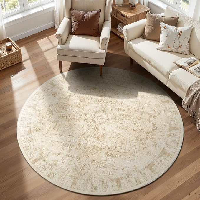 Beige Round Rugs 6ft, Low Pile Thin Circle Area Rugs for Bedroom Living Room Washable Non Slip, Vintage Medallion Distressed Neutral Round Carpet for Kitchen Dining Room