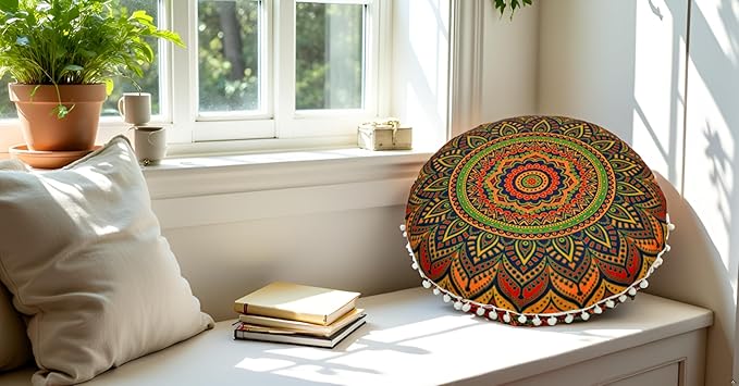 CRAFT KALA 22" Floor Pillows Cover for Sitting, Large Meditation Cushions Cover for Adults, Bohemian Mandala Round Pouf Seating Ottoman Cover for Outdoor Yoga and Living Room New Blue Ombre