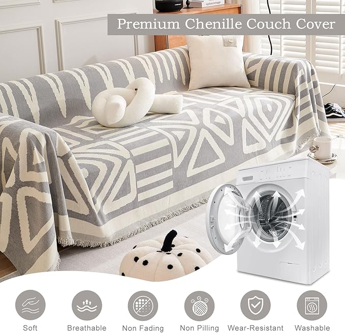 ROOMLIFE Boho Couch Cover for 3 Cushion Couch L Shape Sofa Covers for Sectional Sofa Reversible Silpcover for Dogs Washable Chenille Furniture Protector for Living Room,91"x134"