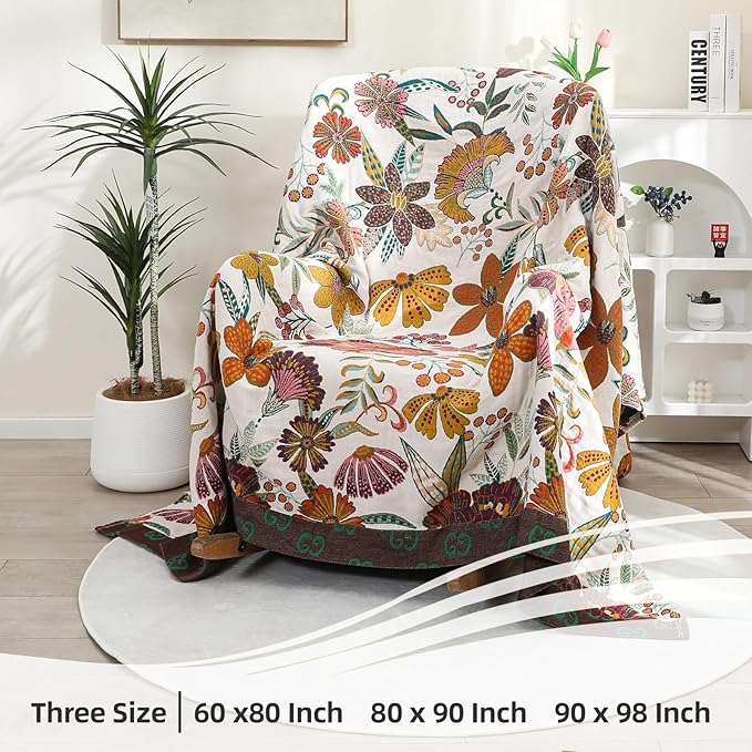 Queen Boho Throw Blanket for Bed, 100% Cotton Muslin Soft Throw-Floral Farmhouse Rustic Decor Blanket for Couch Sofa Quilt and Gift, 80" x 90"-BeigeWhite