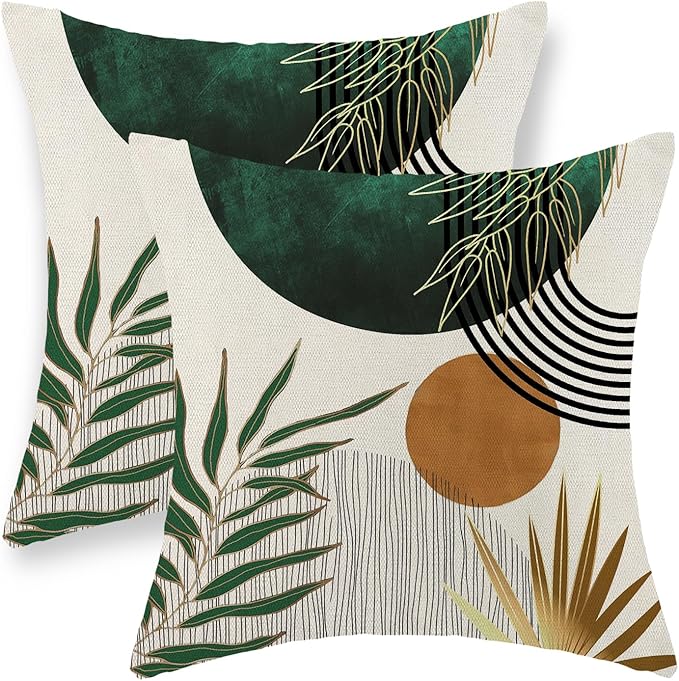 Boho Pillow Covers 18x18 Set of 2 Gold Green Throw Pillows Modern Mid Century Pillowcase Tropical Leaves Orange Sun Decorative Pillows Outdoor Decorations Bohemian Cushion Case for Sofa Home
