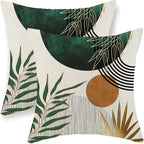 Boho Pillow Covers 18x18 Set of 2 Gold Green Throw Pillows Modern Mid Century Pillowcase Tropical Leaves Orange Sun Decorative Pillows Outdoor Decorations Bohemian Cushion Case for Sofa Home