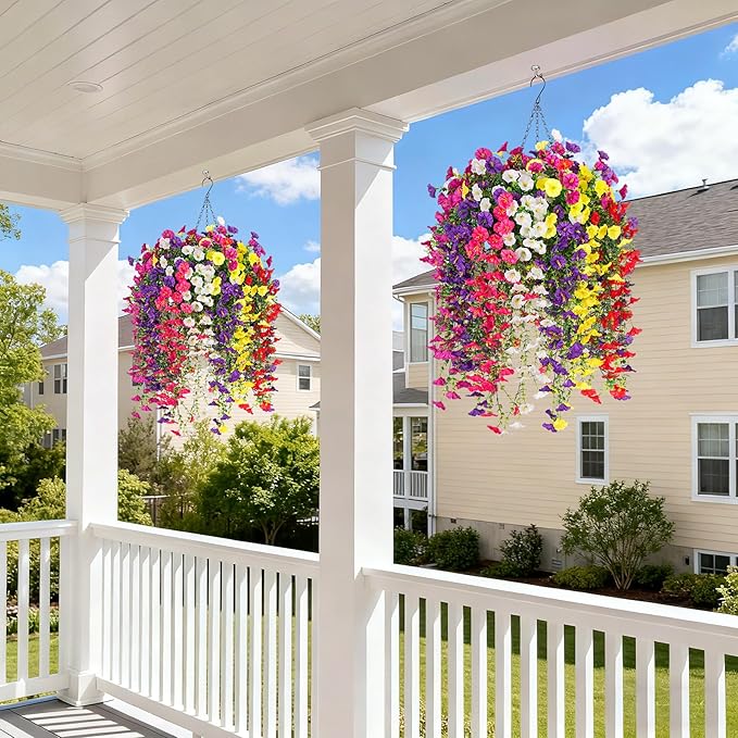 Artificial Flowers with Hanging Basket, Outdoor Faux Plants Silk Morning Glory Vines, Fake Petunias for Garden Patio Spring Summer Decor, 12 pcs Mixed Color