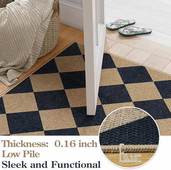 Lanffia Checkered Easy Jute Kitchen Runner Rug, 2x8 Indoor Outdoor Runner Rugs for Hallway Entry, Black Non Slip Washable Area Rug, Checkerboard Nature Kitchen Runners for Laundry Entryway