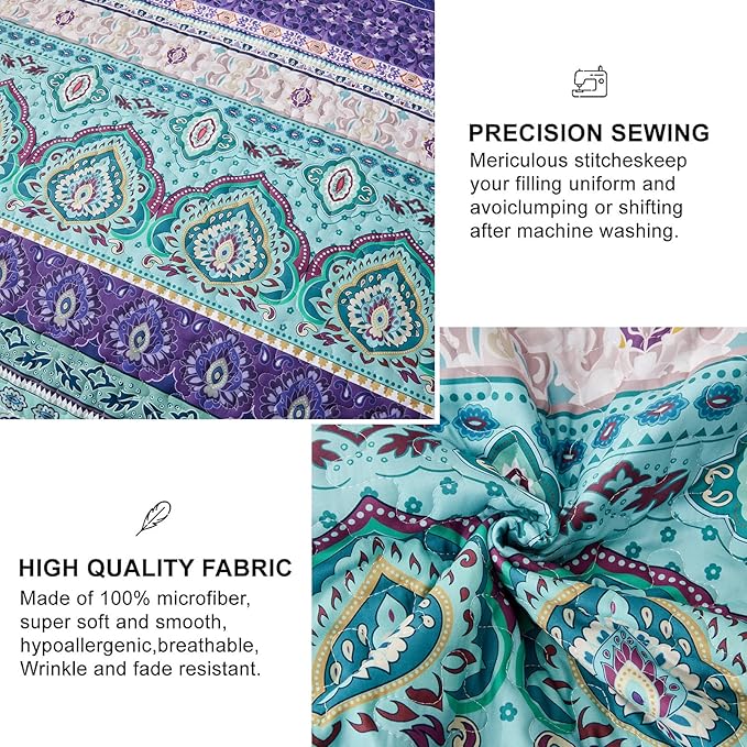 Xruibed Boho Quilt Set Queen,Purple Teal Bohemian Quilt Coverlet 3PCs Soft Microfiber Lightweight Bedspread with 2 Pillowcases for All Season (Queen Size 90"x96")