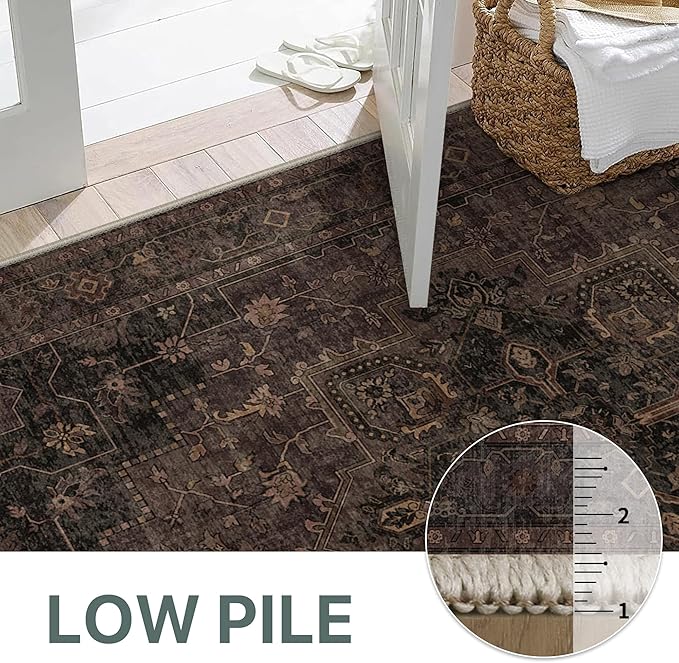 GENIMO 2x10 Runner Rugs for Hallway, Machine Washable Rugs Non Slip Vintage, Low Pile Lightweight Soft Runner Rug for enrtyway, Corridor, Home, Office, Kitchen, Charcoal Brown