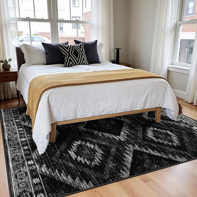Area Rug 9x12 Rug Machine Washable Non-Slip Low Pile Print Pattern Western Rug for Living Room Bedroom Entryway Tribal Series -Black