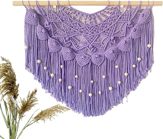 Youngeast Large Macrame Wall Hanging Boho Beaded Curtain for Window Macrame Bedroom Headboard Living Room Wall Art Tassel Tapestry Bohemian Woven Wall Decor 31" W X 25" H (Purple)