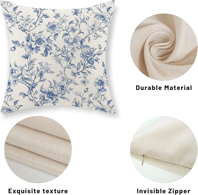 Blue Pillow Covers 20x20 Set of 2 Blue and Cream Floral Chinoiserie Throw Pillows Vintage Rustic Toile Flower Decorative Pillow Cases Outdoor Chinoiserie Decor Cushion Case for Couch Bed Sofa