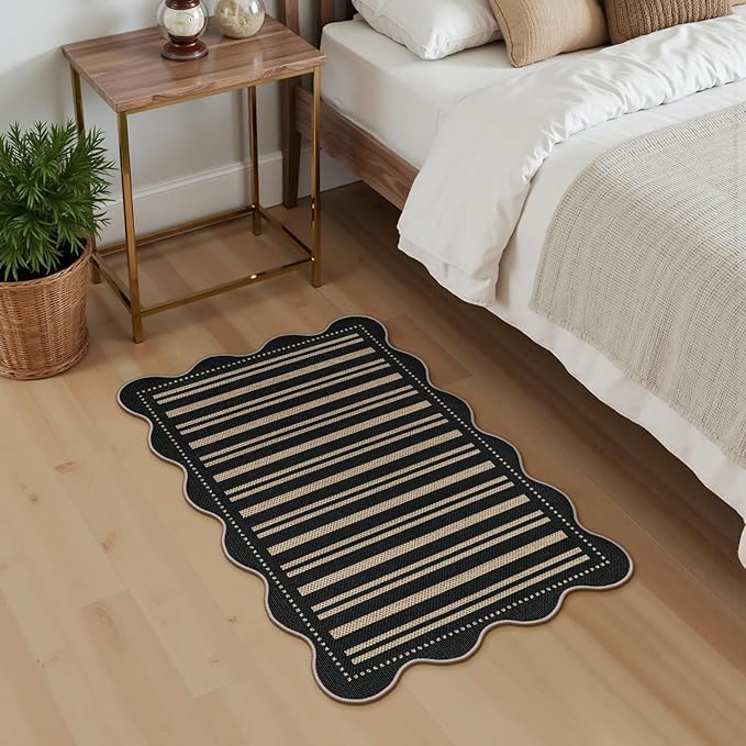 Striped Easy Jute Entryway Rug, 2x3 Black Indoor Outdoor Doormat, Washable Small Kitchen Rug Non Slip Farmhouse Scalloped Rugs for Front Door Entrance Bathroom