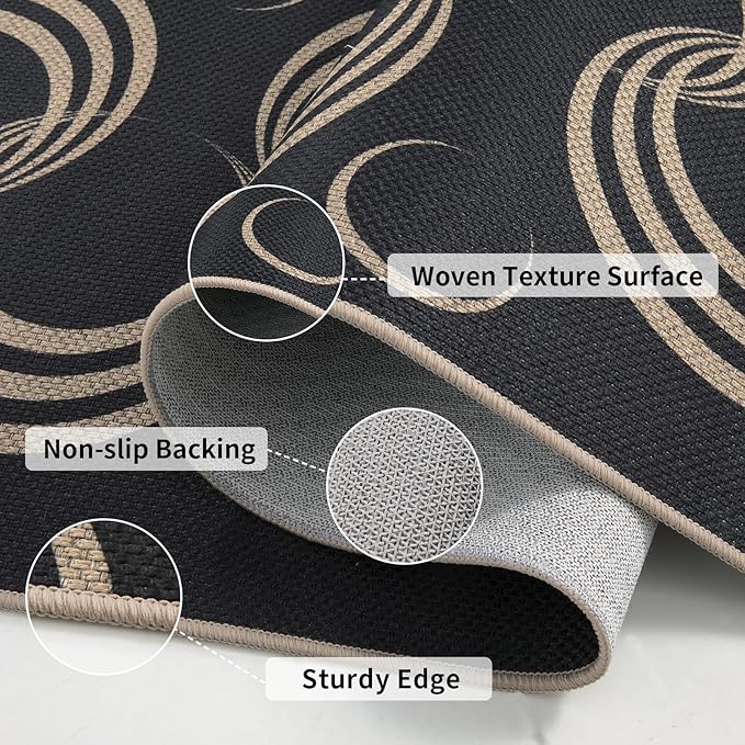 Tangsoo Easy Jute Rug 6x9 Washable Area Rugs for Living Room,Non Slip Indoor Outdoor Carpet,Farmhouse Modern Black Large Throw Mat for Office Balcony Backyard Dining Room Sunroom